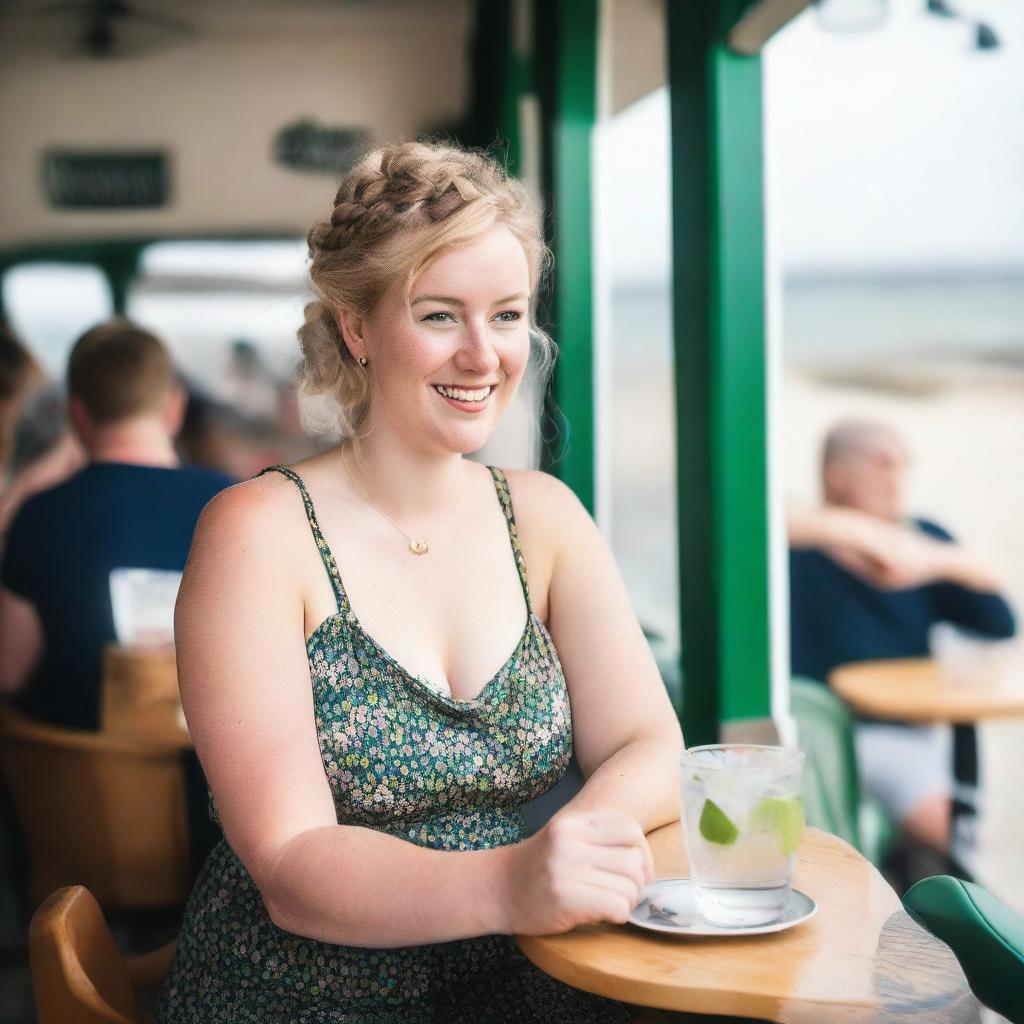 A curvy blond woman with hair in a sexy plait is seated in a cafe overlooking the beach at Lyme Regis