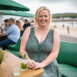 A curvy blond woman with hair in a sexy plait is seated in a cafe overlooking the beach at Lyme Regis