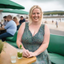 A curvy blond woman with hair in a sexy plait is seated in a cafe overlooking the beach at Lyme Regis