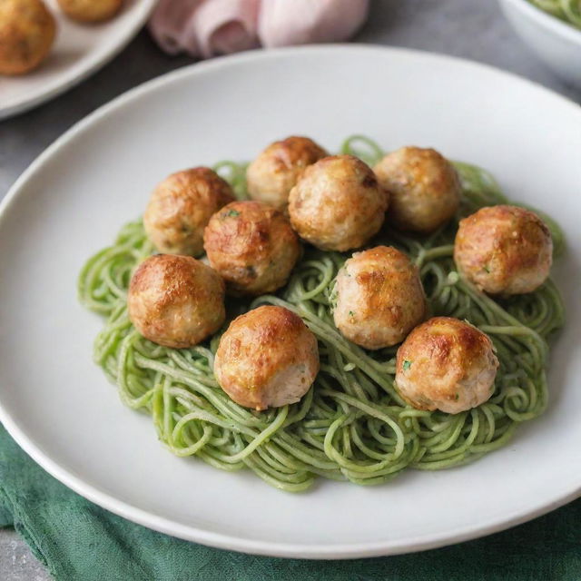 A plate of chicken balls next to a plate of green spaghetti.