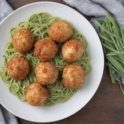 A plate of chicken balls next to a plate of green spaghetti.