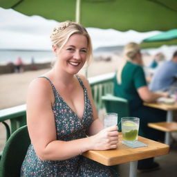 A curvy blond woman with hair in a sexy plait is seated in a cafe overlooking the beach at Lyme Regis