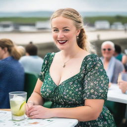 A curvy blond woman with hair in a sexy plait is seated in a cafe overlooking the beach at Lyme Regis