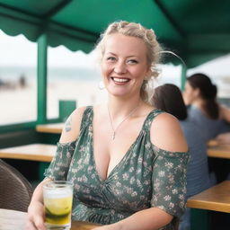 A curvy blond woman with hair in a sexy plait is seated in a cafe overlooking the beach at Lyme Regis