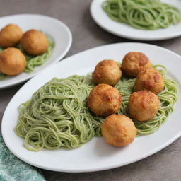 A plate of chicken balls next to a plate of green spaghetti.