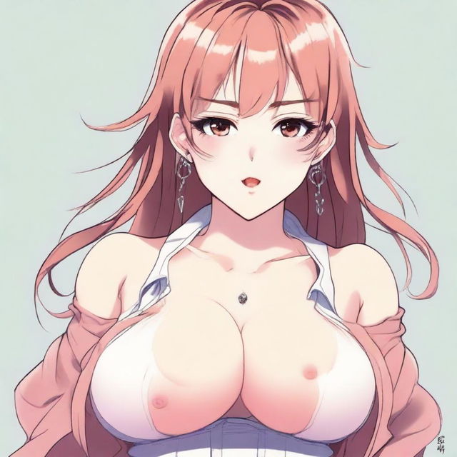 An anime-style drawing of a sexy and cute girl with a flustered expression and a voluptuous figure, emphasizing her large breasts