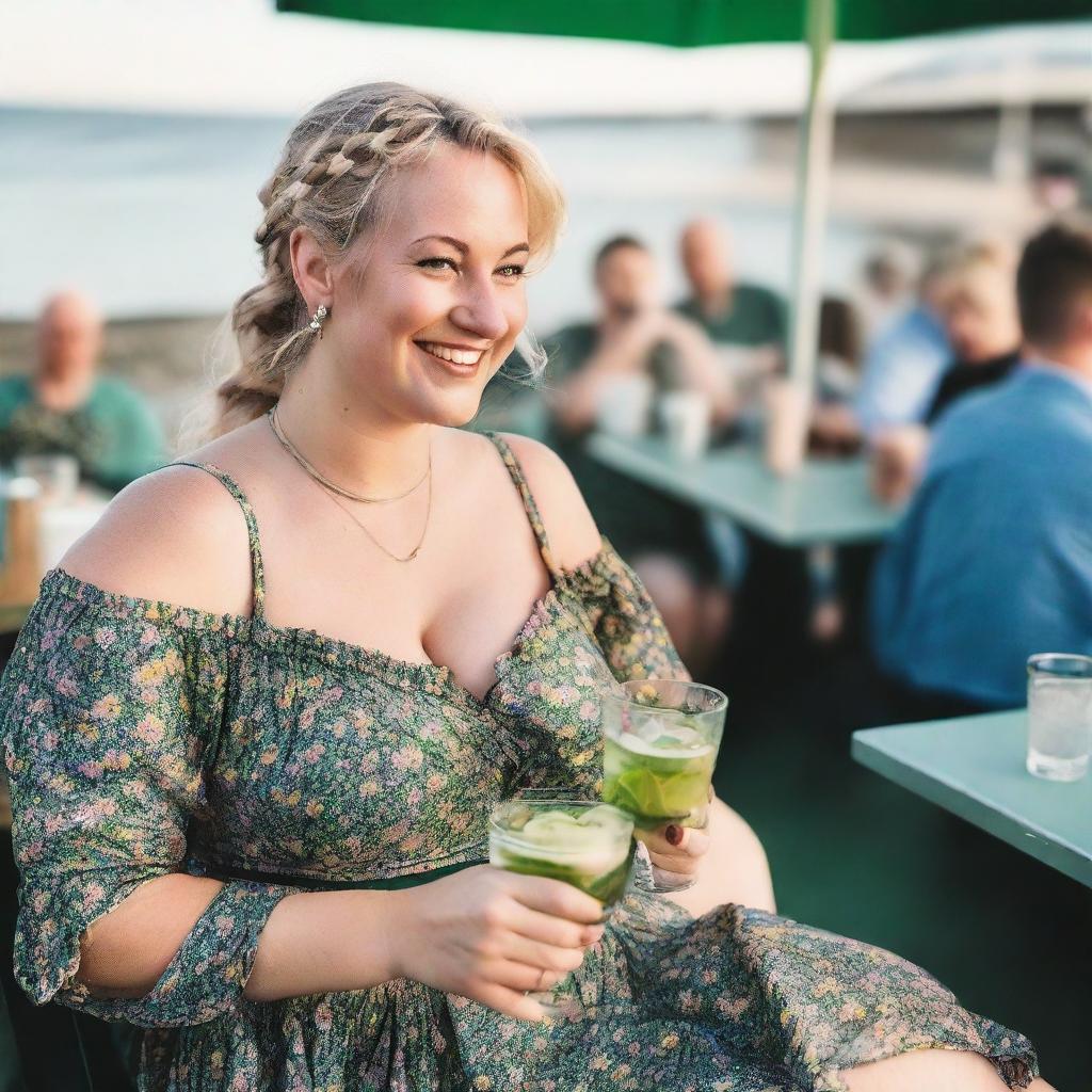 A curvy blond woman with hair in a sexy plait is seated in a cafe overlooking the beach at Lyme Regis