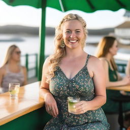 A curvy blond woman with hair in a sexy plait is seated in a cafe overlooking the beach at Lyme Regis