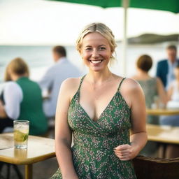 A curvy blond woman with hair in a sexy plait is seated in a cafe overlooking the beach at Lyme Regis