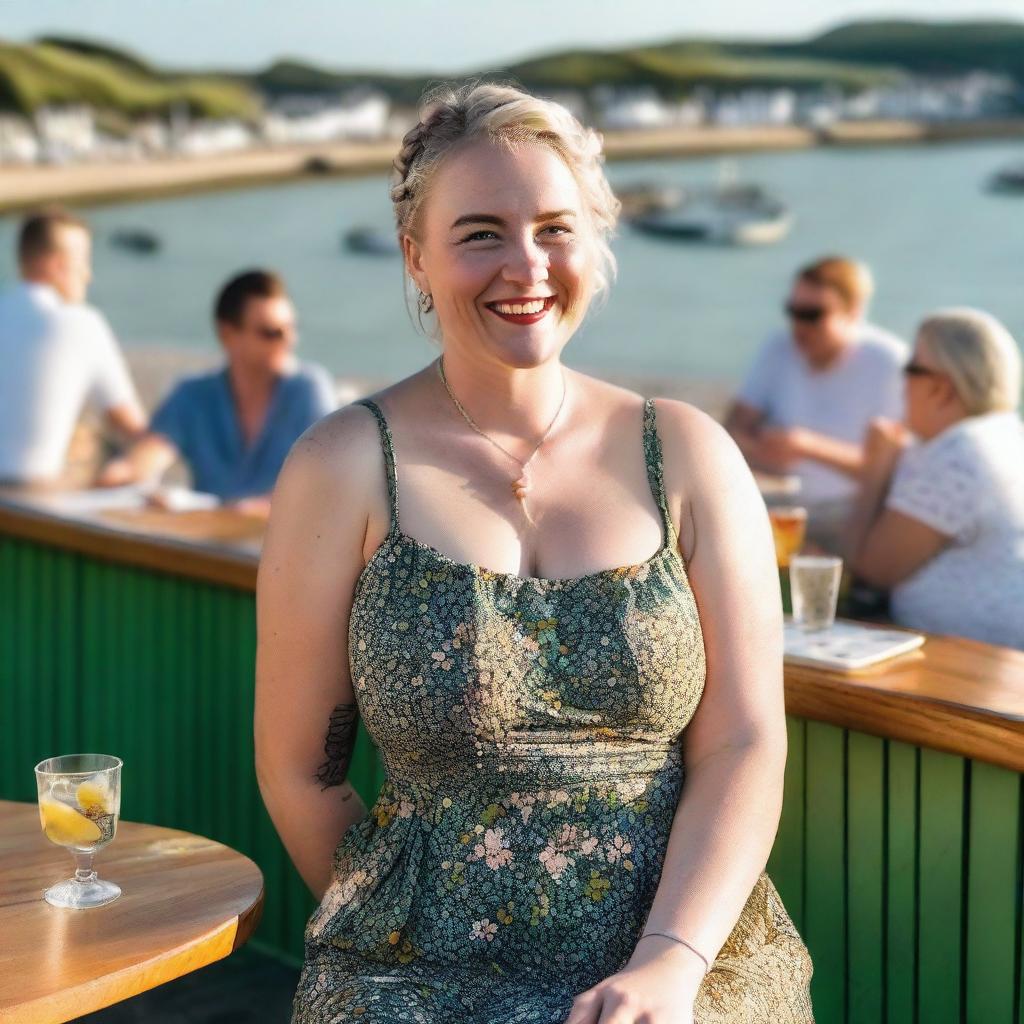 A curvy blond woman with hair in a sexy plait is seated in a cafe overlooking the beach at Lyme Regis