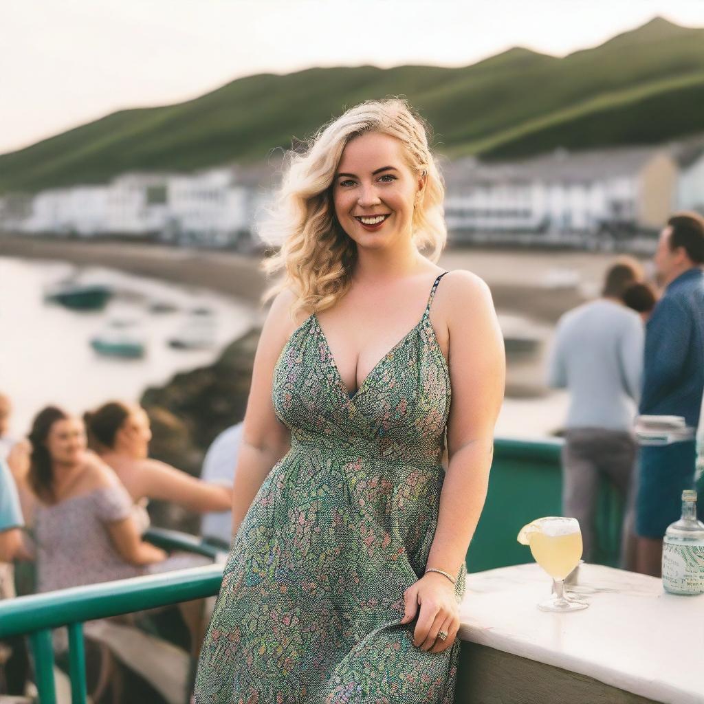 A curvy blond woman with hair in a sexy plait is standing in a cafe overlooking the beach at Lyme Regis