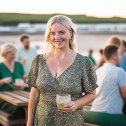 A curvy blond woman with hair in a sexy plait is standing in a cafe overlooking the beach at Lyme Regis