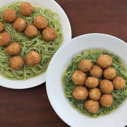 A plate of chicken balls next to a plate of green spaghetti.