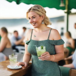 A curvy blond woman with hair in a sexy plait is standing in a cafe overlooking the beach at Lyme Regis