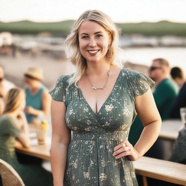 A curvy blond woman with hair in a sexy plait is standing in a cafe overlooking the beach at Lyme Regis