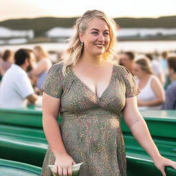 A curvy and chubby blond woman with hair in a sexy plait is standing in a cafe overlooking the beach at Lyme Regis