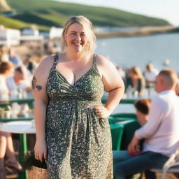 A curvy and chubby blond woman with hair in a sexy plait is standing in a cafe overlooking the beach at Lyme Regis