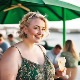 A curvy and chubby blond woman with hair in a sexy plait is standing in a cafe overlooking the beach at Lyme Regis