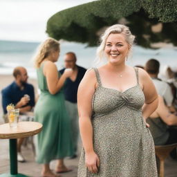 A curvy and chubby blond woman with hair in a sexy plait is standing in a cafe overlooking the beach at Lyme Regis