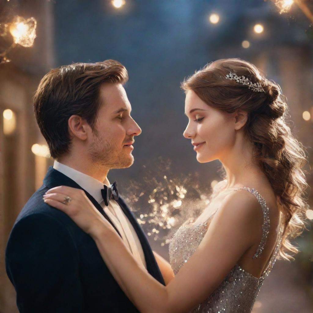 A romantic, enchanting couple, looking realistic, surrounded by sparkling magic.