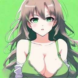 An anime-style drawing of a sexy and cute flustered girl with green eyes and a voluptuous figure, emphasizing her large breasts