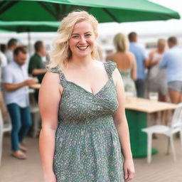 A curvy and plump blond woman with hair in a sexy plait is standing in a cafe overlooking the beach at Lyme Regis