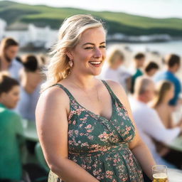 A curvy and plump blond woman with hair in a sexy plait is standing in a cafe overlooking the beach at Lyme Regis