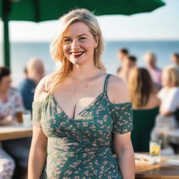 A curvy and plump blond woman with hair in a sexy plait is standing in a cafe overlooking the beach at Lyme Regis