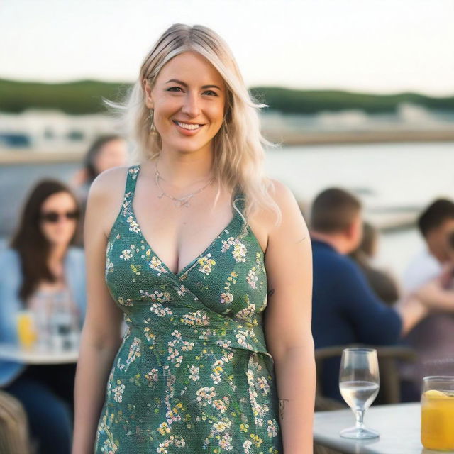 A curvy and plump blond woman with hair in a sexy plait is standing in a cafe overlooking the beach at Lyme Regis