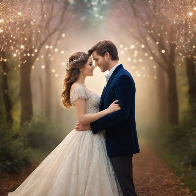 A romantic, enchanting couple, looking realistic, surrounded by sparkling magic.