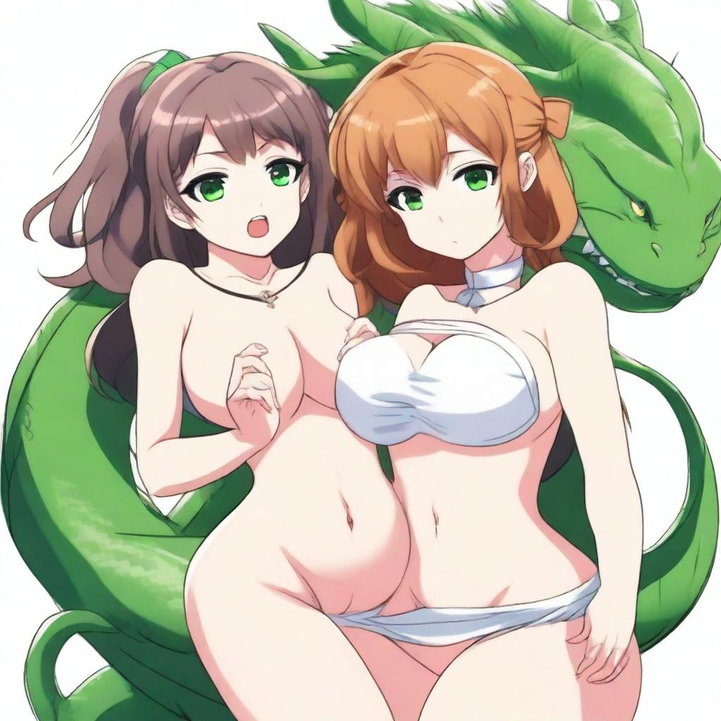 An anime-style drawing of a sexy and cute flustered girl with green eyes, a voluptuous figure emphasizing her large breasts, and a dragon tail