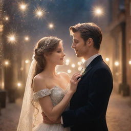 A romantic, enchanting couple, looking realistic, surrounded by sparkling magic.