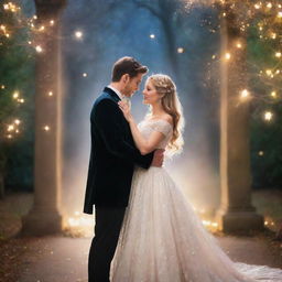 A romantic, enchanting couple, looking realistic, surrounded by sparkling magic.