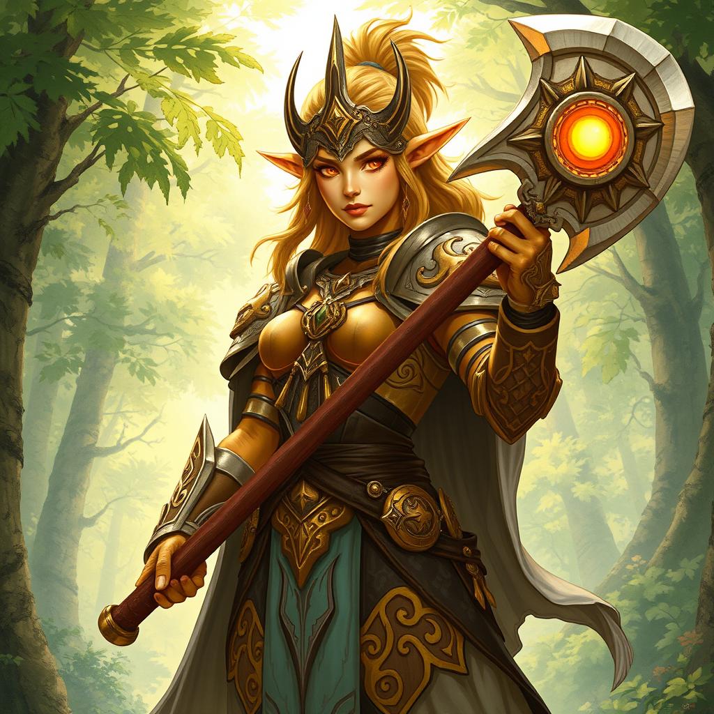 A detailed illustration of a female summer Eladrin War cleric with yellow skin