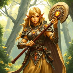 A detailed illustration of a female summer Eladrin War cleric with yellow skin