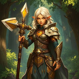 A detailed illustration of a female summer Eladrin War cleric with yellow skin