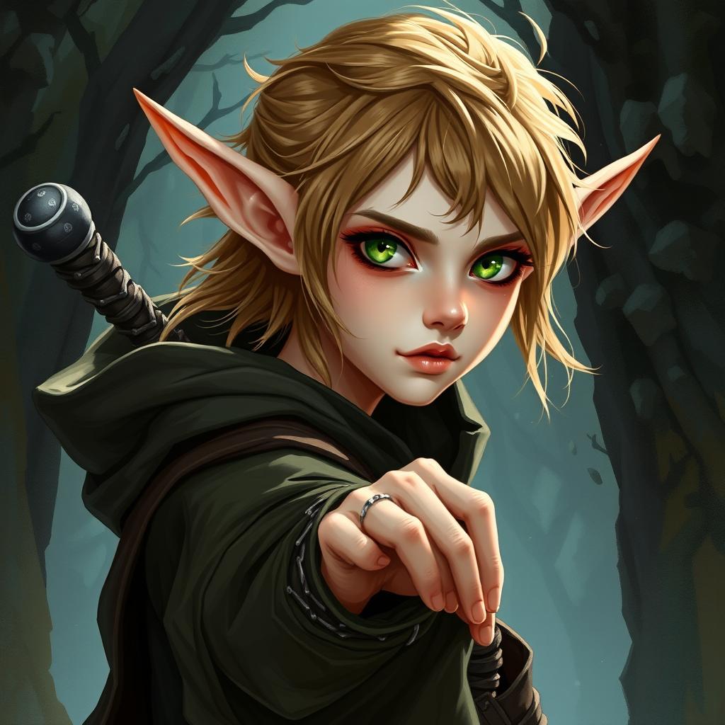 A detailed fantasy illustration of an elf rogue with pale skin, green eyes, and light brown hair