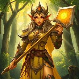 A detailed illustration of a female summer Eladrin War cleric with yellow skin