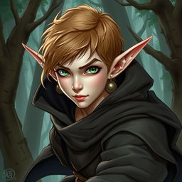 A detailed fantasy illustration of an elf rogue with pale skin, green eyes, and light brown hair