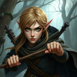 A detailed fantasy illustration of an elf rogue with pale skin, green eyes, and light brown hair