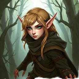 A detailed fantasy illustration of an elf rogue with pale skin, green eyes, and light brown hair