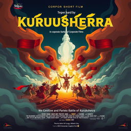 Design a promotional poster for a Telugu short film centered on corporate rivalry, inspired by the epic battle of Kurukshetra