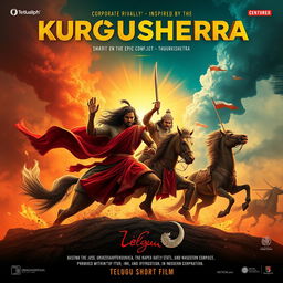 Design a promotional poster for a Telugu short film centered on corporate rivalry, inspired by the epic battle of Kurukshetra