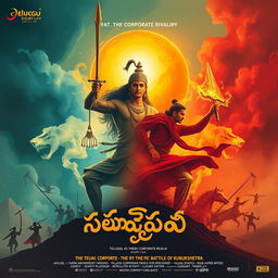 Design a promotional poster for a Telugu short film centered on corporate rivalry, inspired by the epic battle of Kurukshetra