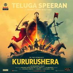 Design a promotional poster for a Telugu short film centered on corporate rivalry, inspired by the epic battle of Kurukshetra