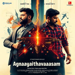 Create a promotional poster for 'Agnayathavaasam,' a Telugu short film about a technology corporate rivalry between Dharma Teja and his team against Devaraj Shetty