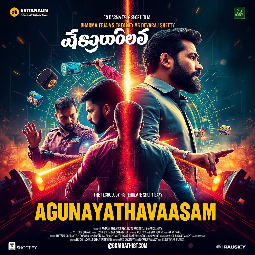 Create a promotional poster for 'Agnayathavaasam,' a Telugu short film about a technology corporate rivalry between Dharma Teja and his team against Devaraj Shetty