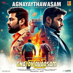 Create a promotional poster for 'Agnayathavaasam,' a Telugu short film about a technology corporate rivalry between Dharma Teja and his team against Devaraj Shetty