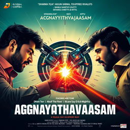 Design a promotional poster for 'Agnayathavaasam,' a Telugu short film about a technology corporate rivalry