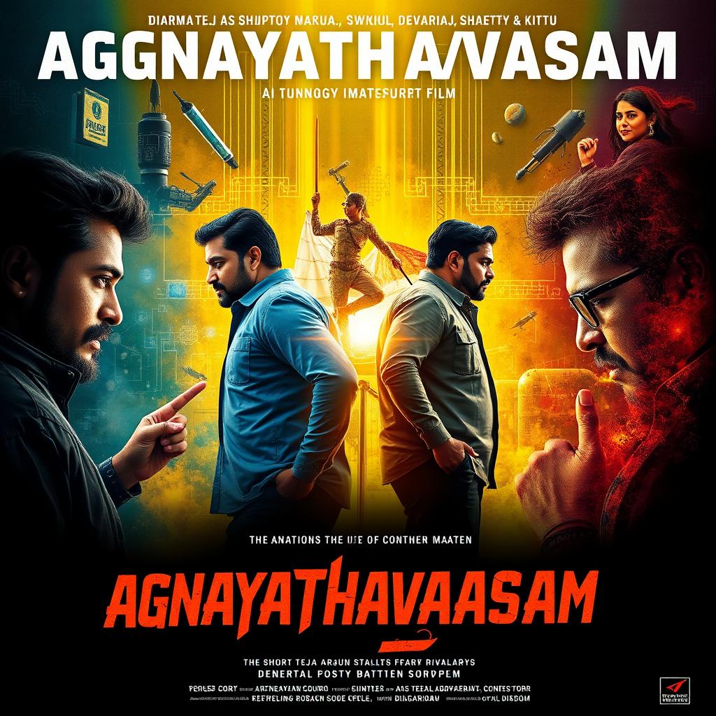 Design a promotional poster for 'Agnayathavaasam,' a Telugu short film about a technology corporate rivalry